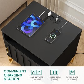 YITAHOME Nightstand Set of 2, Metal Fluted End Table with Charging Station, Night Stand for Bedroom, Small Bedside Tables, Modern Side Tables, Set of 2, Black