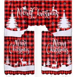 Frienda 3 Pcs Christmas Kitchen Window Tier Curtains and Valance Set Xmas Tree Deer Red Black Buffalo Plaid Christmas Curtains for Bedroom Living Room Kitchen Decor, 60 x 36 Valance, 36 x 30 Tiers