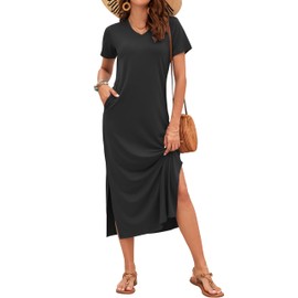 MISFAY Women Summer Midi Dresses Casual Loose Short Sleeve Dress Split Maxi Beach Sundress Travel Vacation Dress with Pockets Black