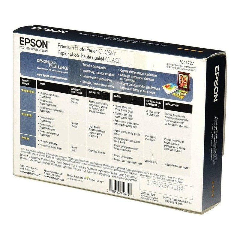 Epson S041727 Premium Photo Paper, 68 lbs., High-Gloss, 4 x