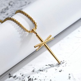 XIEXIELA Baseball Bats Cross Necklace.Athletes Baseball Silicone Bracelets.Stainless Steel Crucifix Pendant Chain 22" inches for Men Women Girls Glod