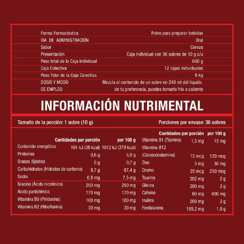 Supernova Energía 36 Sobres Bebida Sabor Cereza Kromasol
