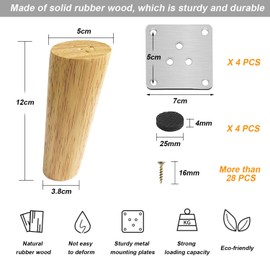 Pack of 4 Furniture Feet, Wood, Slanted Conical, 12 cm, Replacement Table Legs, Wood, Round Furniture Legs, Cabinet Feet, Sofa Feet Made of Solid Wood with Mounting Plates and Screws for Sofa, Bed,