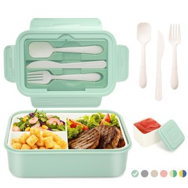LUZOON Lunchbox Bento Box Brotdose Erwachsene 1400ml mit 3 FäChern für Kinder inkl. Besteck Jausenbox für Mikrowellen Und SpüLmaschinen, Schule Arbeit Picknick Reisen (Hellgrün + Saucenbox)