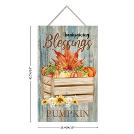 Fall Pumpkin Harvest Thanksgiving Blessing Sunflower Wood Sign Wall Decor Rustic Farmhouse Wood Wall Hanging Plaque Home Kitchen Windows Door Indoor Outdoor Decorations 10x16in