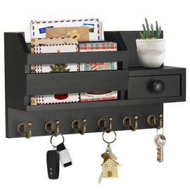 VIS'V Key Holder for Wall, Wooden Key Mail Holder with Drawer Wall Mount Key Organizer Mail Sorter with 6 Key Hooks Key Rack with Shelf for Entryway Doorway Hallway - Black