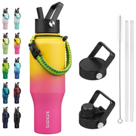 BJPKPK Insulated Water Bottles with Straw Lid, 35oz Metal Water Bottle with 2 lids & Paracord Strap, Double Wall Stainless Steel Vacuum Tumblers, Cups, Thermos for Hot& Cold Drinks, Pink & Yellow Rose