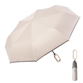Foldable Windproof Ring Buckle Umbrella with Protect the Reflective Strip Rain and Sun Weather Resistant UV Guarded Sophisticated Manual 8-Bones Umbrella for Travel and Work-Beige