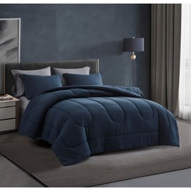 Maple&Stone Oversized Queen Comforter Sets 7 Pieces Bed in a Bag - Down Alternative Bed Set with Comforter, Sheets, Pillowcases & Shams, All Season Lightweight Bedding Set (Navy,98x98)