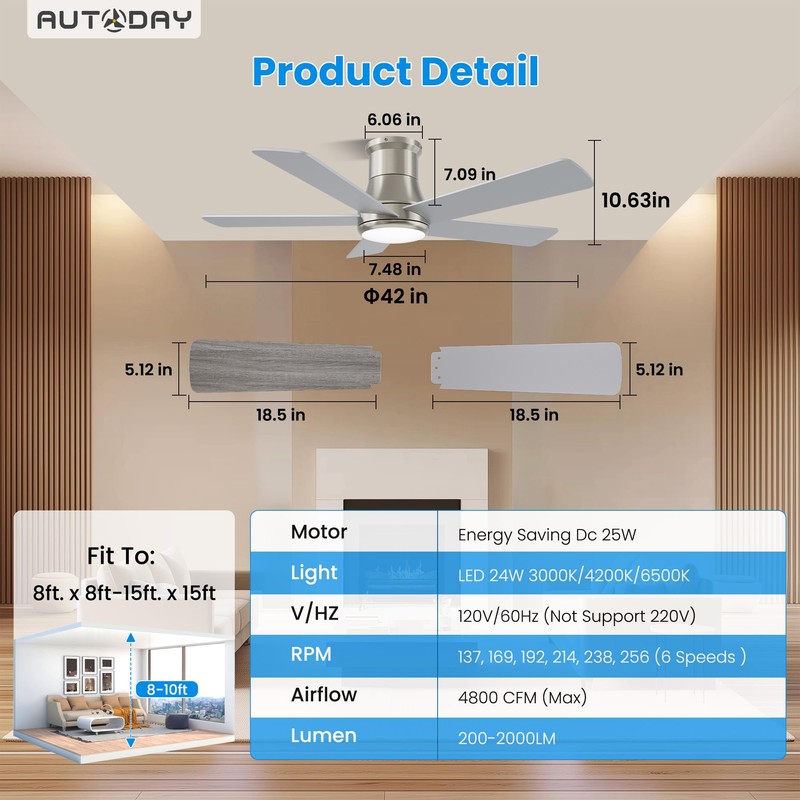 Autoday 42 Inch Low Profile Ceiling Fan with Light, Burshed
