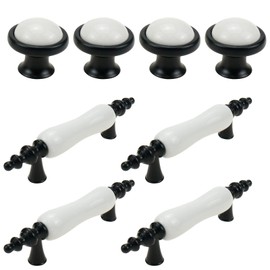 Mewutal 8 Pack Ceramic Drawer Pulls, Black & White Dresser Handles for Kitchen Cabinet & Wardrobe, (4 x 3 Hole Centers + 4 x Single Hole Knobs)