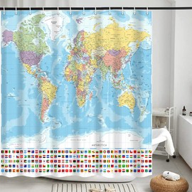 iTapnoom World Map Shower Curtain, Map of The World with National Educational Fabric Shower Curtains Set for Bathroom Boys Girls Kids Map Bath Decor with Hooks 72 X 72 Inch