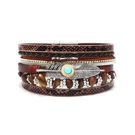 Turquoise Leather Wrap Bracelet Layered Beaded Bracelets for Women Multilayer Feather Cuff Bracelets Bohemian Western Bracelet for Women (brown)