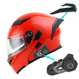 1Storm Motorcycle Modular Full Face Flip up Dual Visor Helmet + Spoiler Bundle with Freedconn Motorcycle Redtooth Headset: HB89 Glossy Red