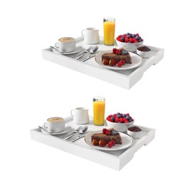 Artmeer Bamboo Breakfast Serving Tray, Portable Serving Platters Tray Great for Dinners Party Tea Bar Table Breakfast Snack Trays 2 Plack (White)