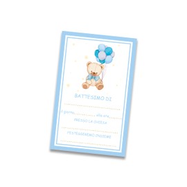 PRINTSERVIS Christening Invitations - Pack of 20 - Single Name & Date - Printed on Card - 300gsm - 95mm x 150mm (Blue Bear)