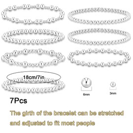 7Pcs Gold Bracelets for Women Gold Plated Beaded Bracelet Elastic Stretch Bead Ball Stack Set Stretchable Adjustable Gold Jewelry Gifts