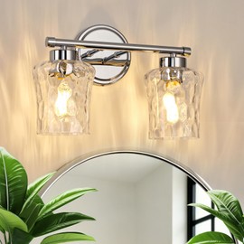 AMRUIPO Bathroom Light Fixtures Over Mirror, 2 Lights Vanity Lights with Hammered Glass Shade, 14" Chrome Farmhouse Bathroom Light Fixtures for Bedroom, Porch, Hotel, Mirror Cabinet