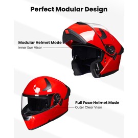 ILM Adult Motorcycle Helmet Dual Visor Flip up Modular Full Face Helmet DOT Model WS206(Red,X-Large)