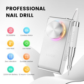 L'UGX Professional Nail Drill 30000RPM, Cordless Rechargeable Electric Nail File for Acrylic Nails Gel Polishing, Efile Nail Kit for Manicure Pedicure, Low Noise Low Vibration, 7Pcs Drill Bits, White