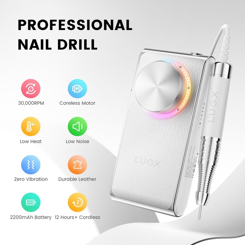 L'UGX Professional Nail Drill 30000RPM, Cordless Rechargeable Electric Nail File