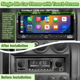 Pyniro Single Din Car Stereo with IPS Touchscreen, Wireless CarPlay & Android Auto, Bluetooth Car Radio with Backup Camera, External Mic, SWC, FM, USB
