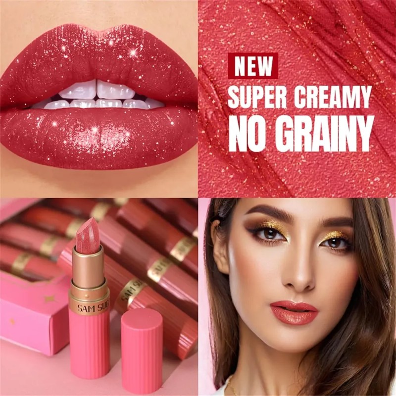 Conjunto De 6 Unidades De Batom Glitter, Impermeável De Long