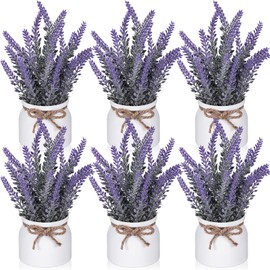 FineCheer 6 Pcs Artificial Lavender Plant in Pots Small Rustic Spring Faux Lavender Potted Plants Purple Bathroom Decor Farmhouse Centerpieces for Kitchen Bedroom Shelves Desk Office