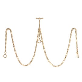 TREEWETO Pocket Watch Double Albert Chain T-Bar Watch Chain Link 16 inch 3 Hooks Gold Classic Antique Fob T Bar