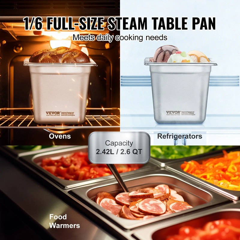 1/6 Size Steam Pan 6 Inch Deep Stainless Steel Anti