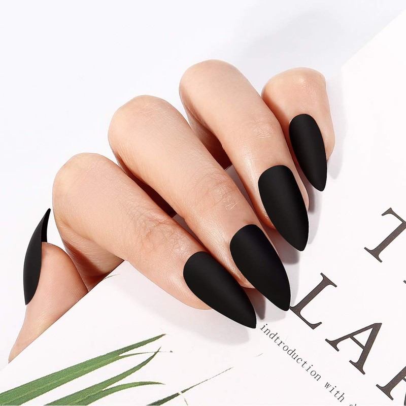 Matte Press on Nails Stiletto Almond Medium Length Black Pure