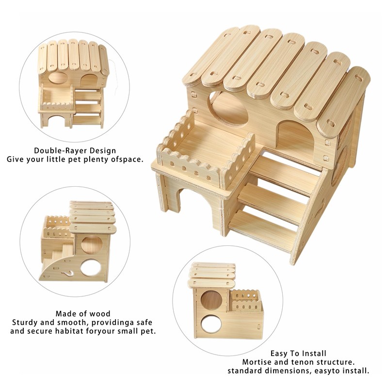 Wood Hamster House Set of 2 Tiny Wooden Hideout Castle