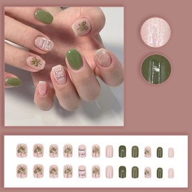 Press on Nails with Four Leaf Clover Short Square Good Luck Design Nails Full Cover Reusable False Nail Kit 24pcs