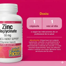 Bisglicinato De Zinc 50mg 60 Capsulas Natural Factors Sin Sabor