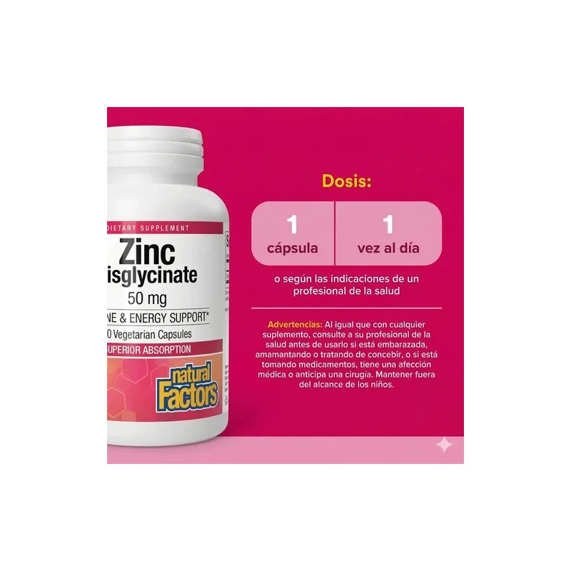 Bisglicinato De Zinc 50mg 60 Capsulas Natural Factors Sin Sabor