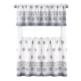 Newbridge Fabric Kitchen Window Curtains, 36 Inch Long Tier Pair and Valance Set, Mykonos Grey Mediterranean, Indoor Stain Resistant No-Iron Fabric Kitchen Curtains, Grey Tile Border