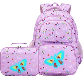 AUIVTY Girls Backpack with Lunch Box Glow in Dark Butterfly Bookbag Teens Ages 4-12 Kindergarten Elementary Middle School Butterfly Backpack, Luminous Butterfly Purple