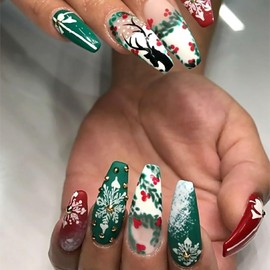 Christmas Press on Nails Medium Coffin Fake Nails With Elk Snowflake Bow Designs Xmas Red Green Matte False Nails Full Cover Stick on Nails Winter Artificial Nails for Women Glue on Nails 24 Pcs