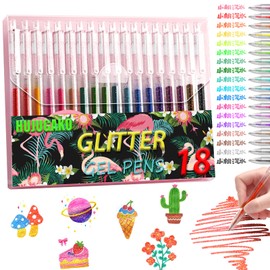 HUJUGAKO 18 Color Glitter Gel Pens for Adult Coloring Books, Glitter Pens 300% More Ink Glitter Gel Pen Set for Drawing Doodling Journaling Craft Art Supplies