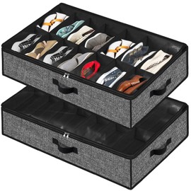 Meerainy Under Bed Shoe Storage Organizer for Closet 2 Pack- Fits 32 Pairs Underbed Shoes Container Boxes Black