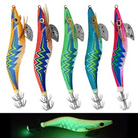 5pcs Squid Jig Luminous Fishing Lures,Saltwater Glow Squid Jigs Hooks Hard Fishing UV Shrimp Baits Fluorescent Fake Prawn Lure Sleeve Octopus Cuttlefish Sea Fishing Lures Kit size:3.0