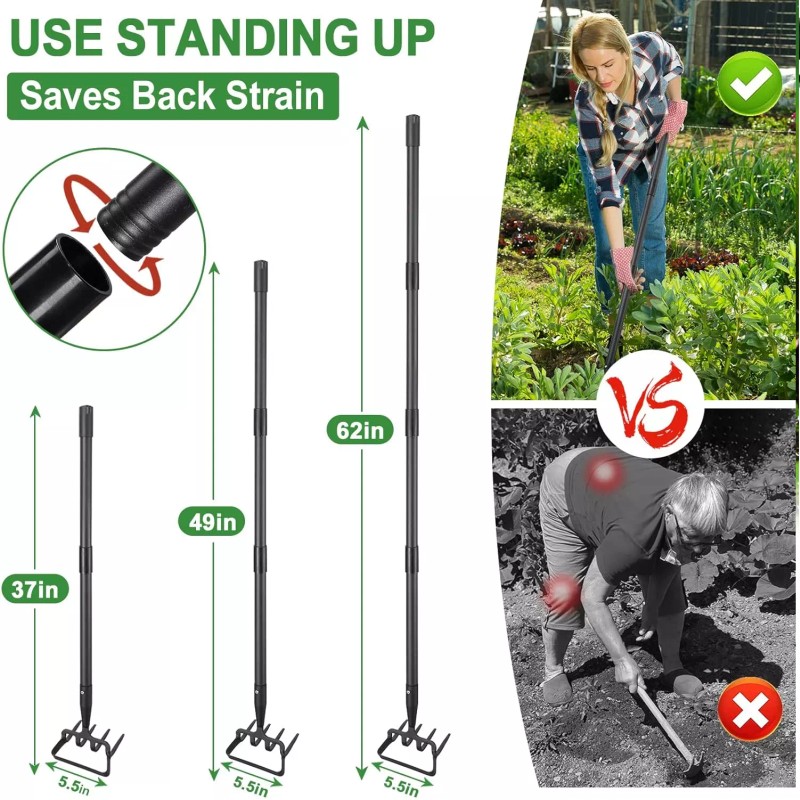 Nicecho Garden Cultivator Weed Stirrup Hula Hoe Rake with 37"~62"
