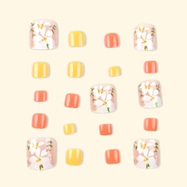 Flower Press on Toenails Short Square Fake Toe Nails Orange False Toenails Glossy Full Cover Acrylic Glue on Toenails Cute Toe Nails Artificial Stick on Toenails for Women Manicure 24 Pcs