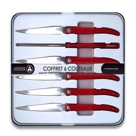 Laguiole Heritage Steak Knife Set; Vibrant Red Handle, 4.5-Inch Serrated Blades, Full Tang Construction, Tempered Stainless Steel, Red, Set of 6
