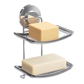 LEVERLOC Soap Dish Soap Holder Suction Cup for Shower Wall Double Layer Drill-Free Waterproof Wall Mount Strong Suction Removable Bar Soap Sponge Holder for Bathroom Bathtub Kitchen, Chromed