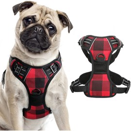 rabbitgoo Dog Harness for Large Dogs No Pull, Adjustable Dog Walking Vest Harness with 2 Leash Clips, Comfort Padded Pet Harness with Handle, Reflective Front Body Harness, Red Plaid, Medium