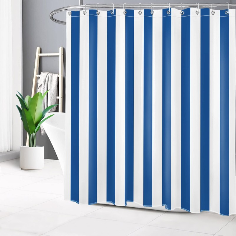 LB Blue and White Striped Fabric Shower Curtain for Bathroom