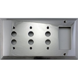 Polished Nickel Deco Step Style 4 Gang Combination Switch Plate - 3 Push Button Light Switch Openings 1 GFI/Rocker Opening