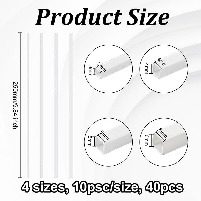 OLYCRAFT 40pcs 4 Size ABS Plastic Square Tube 3/4/5/6mm White