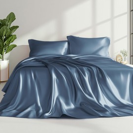 Love's cabin Satin Queen Sheets Set - 4 Piece Ash Blue Silky Bed Sheets Set with Deep Pocket, Luxury Silk Feel Satin Queen Size Sheet Set (1 Flat Sheet,1 Fitted Sheet,2 Pillow Cases)